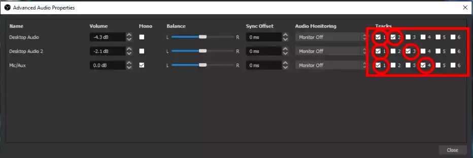 Advanced audio properties panel settings for separate audio tracks