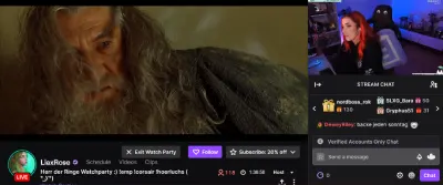 A Twitch Watch Party snapshot from Twitch: Using Twitch Watch Parties to stream movies or TV shows on Twitch