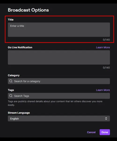 How to change stream title on Twitch using Chat View Broadcast options