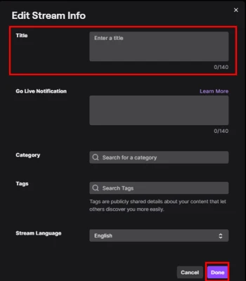 How to change stream title on Twitch Edit Stream Info form with Title details