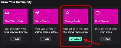 Image showing how to add Goals from Quick action menu from Twitch