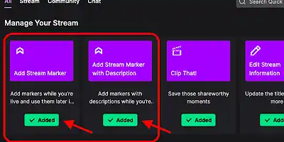 image showing where to find stream markers in Quick action menu