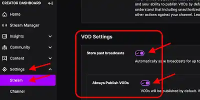 image showing where to find VOD settings in Creators Dashboard