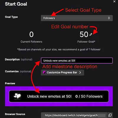 image showing edit options in the manage goals section