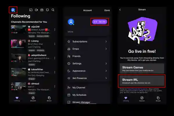 How to stream IRL on Twitch from phone steps 1 to 4 screenshots