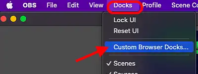 image showing where to find Custom browser dock in OBS