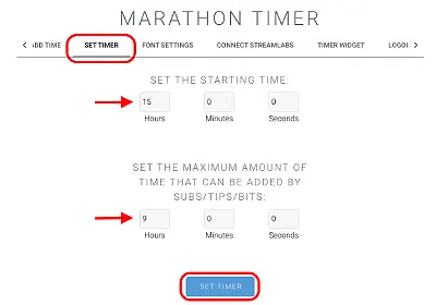 Image showing how to add time and maximum limit to a subathon timer