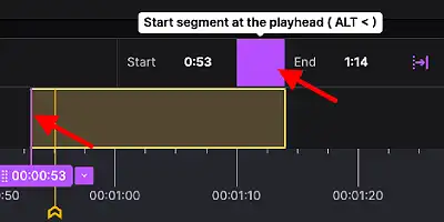 image showing the start segment button while creating highlight