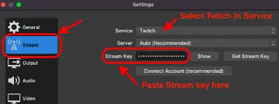 Stream settings panel in OBS