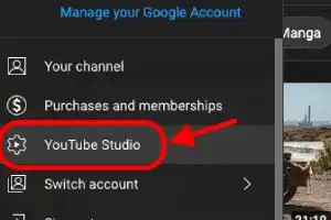 YouTube Studio option in menu bar of YouTube channel