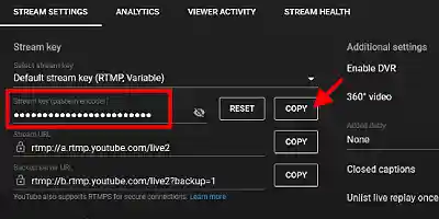 copy Stream key from YouTube stream settings
