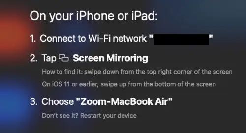Instructions to connect written on screen of macbook