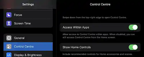 Control centre in Settings of iPad