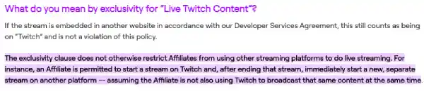 Can Twitch affiliates stream on YouTube? Twitch Exclusivity Clause snip from Twitch website