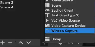 menu list of sources highlighting window capture