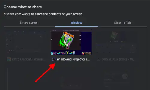 windowed projector highlighted on screen share options in discord 