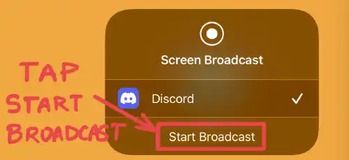 Tapping start broadcast in iPad to stream on Discord