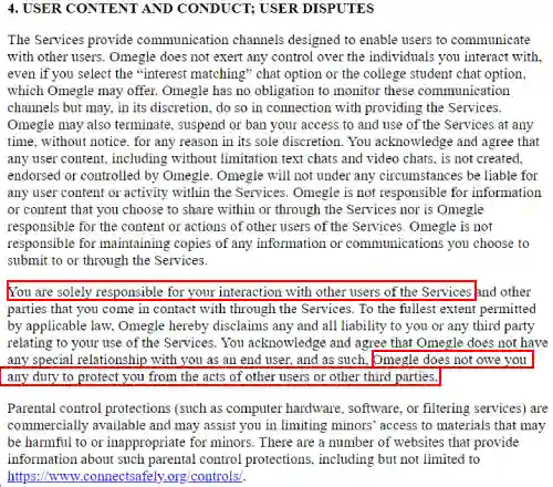 User Content and Conduct Omegle Terms screenshot