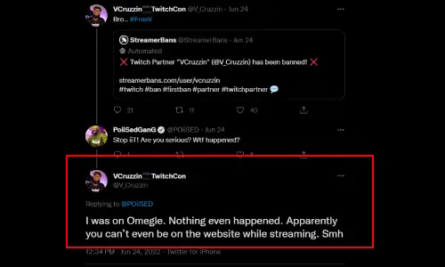 Vcruzzin banned from Twitch for streaming Omegle Tweet screenshot