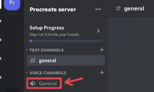 arrow pointing towards general section to start voice channel in Discord