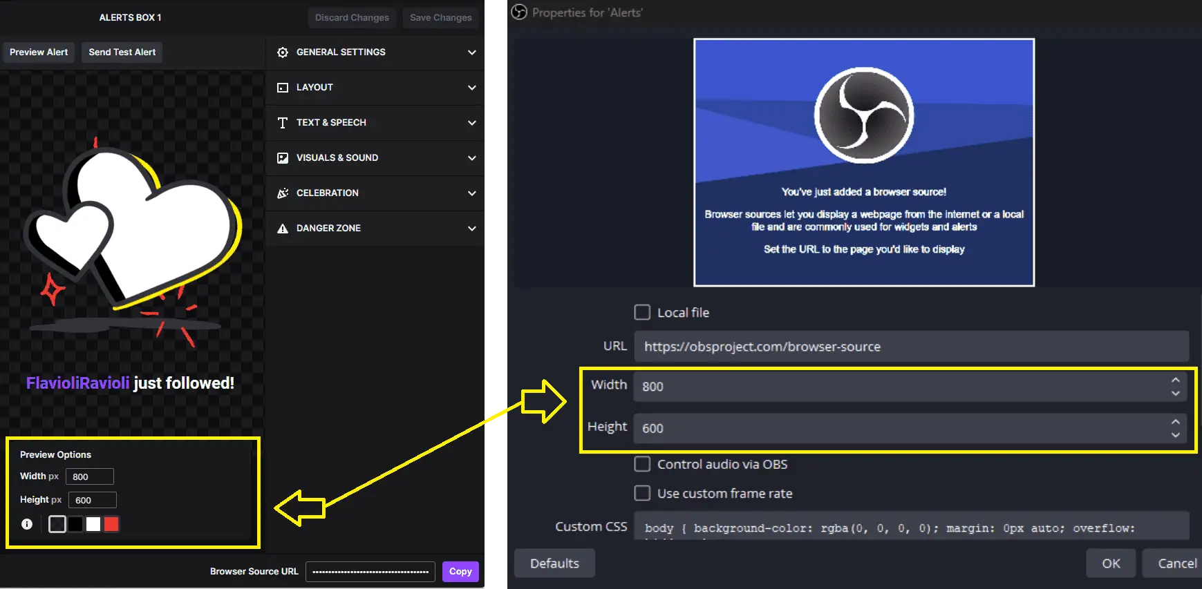 image showing where to check Alert dimension in Twitch and OBS
